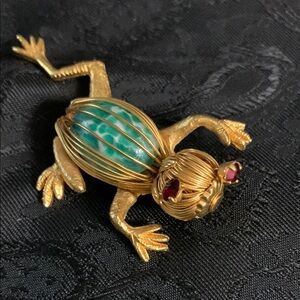 Gold Frog Pin/Brooch with Wired Green Bead Body and Red Crystal Google Eyes